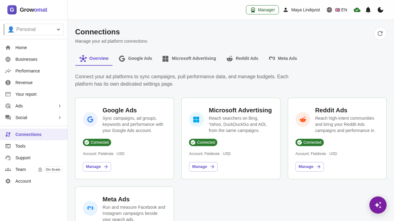 The Microsoft Advertising tab in Growomat connections, with the linked account and its sync state